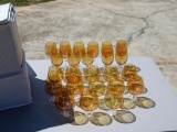 24 Pieces of Pier 1 Amber Glass Stemware with Two Storage Boxes