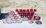 Lot of 33 Pieces Cranberry Flashed King's Crown Glassware and Storage Box