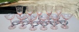 Eleven Pieces of Etched Pink Depression Glass Stemware