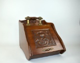 Victorian Carved Walnut Coal Hod or Tinder Box with Metal Liner and Brass Handle