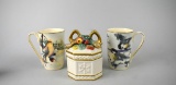 Two Lenox Winter Greetings Scenic Mugs & Fitz & Floyd “Winter Wonderland” Covered Dish