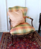 Chippendale Style Armchair with Plaid Upholstery, Accent Pillow