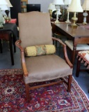 Chinese Chippendale Style Armchair with Olive Green Upholstery, Nailhead Trim, Bolster Accent Pillow