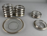 Lot of Sterling Silver Mounted Glass Coasters and Dish, Nine Matching Coasters by F. Whiting Co.