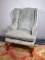 Fine Chippendale Inspired Neutral Gray Wing Chair, Ball & Claw Feet, Brass Nailhead Trim