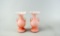 Pair 1920s Pink over White Cased Satin Glass Crimped Double Handled 8” Vases