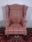 Antique American Chippendale Wing Chair with Red Plaid Upholstery