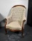 Mid 19th Century Victorian Carved Mahogany Tufted Parlor Chair, Recent Neutral Woven Upholstery
