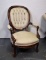 Mid 19th Century Victorian Carved Rosewood Tufted Balloon Back Chair, Recent Neutral Woven Upholster
