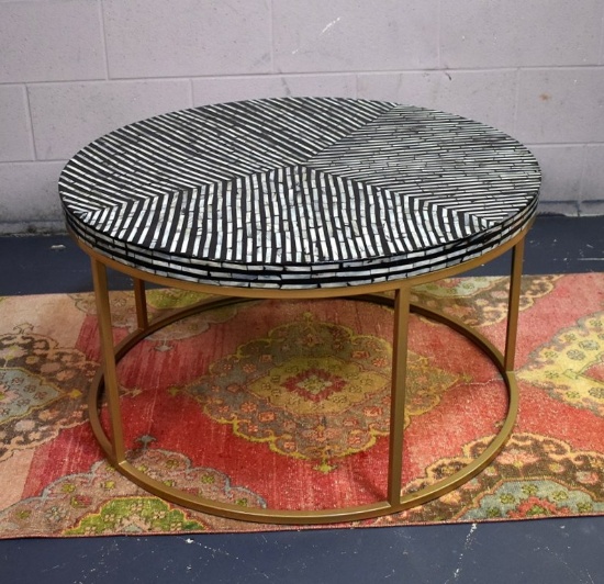 Contemporary Mother of Pearl Inlay and Black Lacquer Cocktail Table with Gilt Metal Base