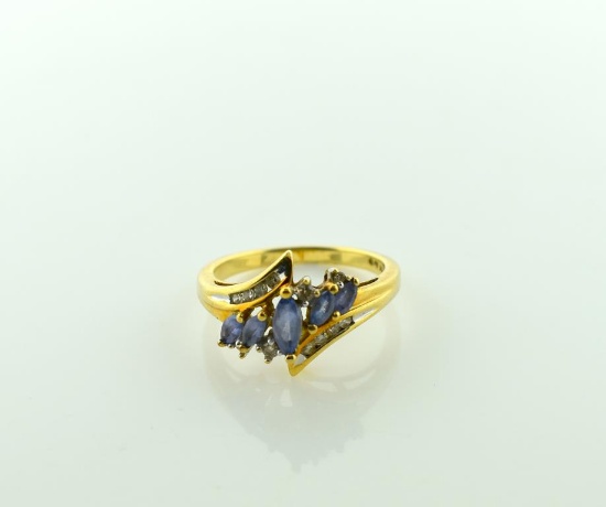 10K Gold, Marquise Cut Tanzanite an Round Cut Diamond Ring, Size 7.5