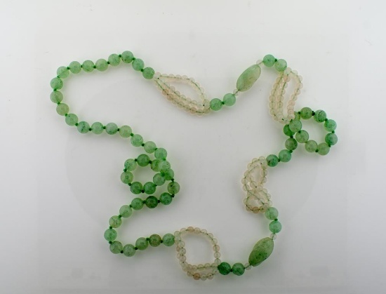 Jadeite Green and White Bead 28” Necklace
