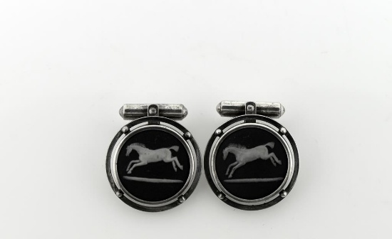 Antique Wedgwood Sterling Silver and Horse Motif Pate Sur Pate Basalt Cufflinks