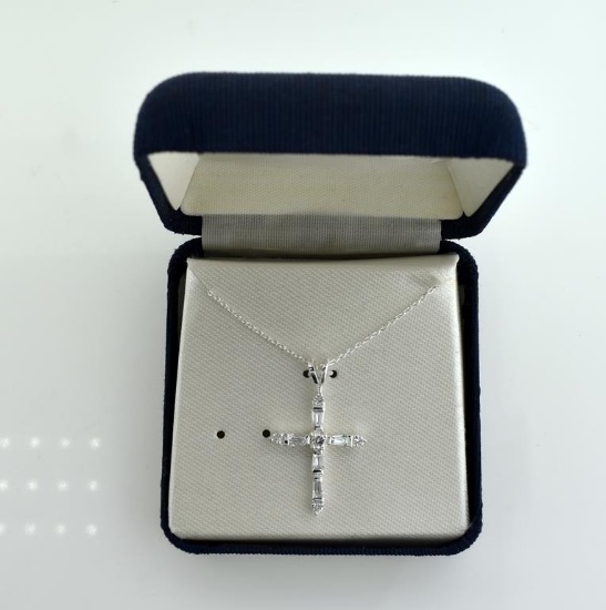 Vintage Sterling Silver & Rhinestone Cross Pendant on 16” Sterling Silver Necklace with Gift Box,