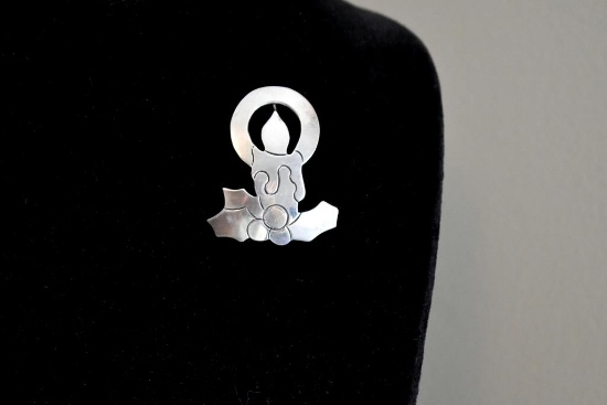 Taxco Sterling Silver Mid-Century Christmas Holly and Candle Brooch
