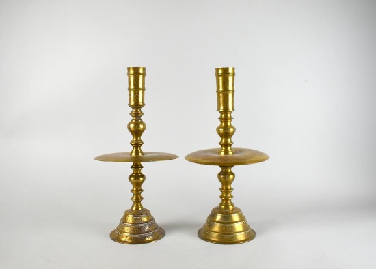 Pair of Tall Engraved Brass Candlesticks, Siam