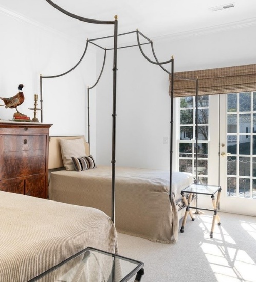 Venetian Canopy Full Bed with Cream Leather Panel & Polished Brass Beehive Finials