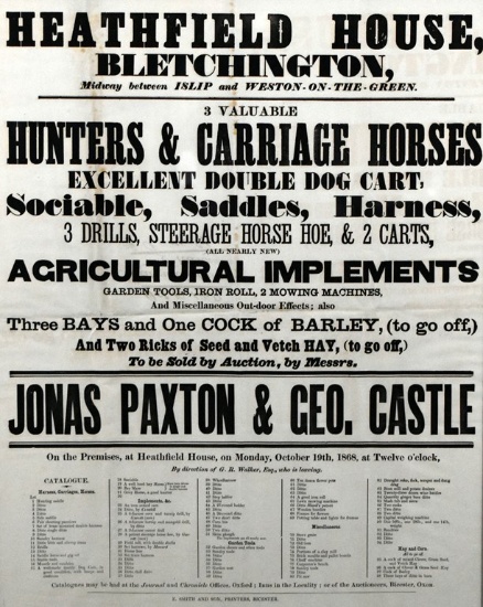 Framed Antique 19th C. Farm Auction Poster, Heathfield House, Bletchington, England