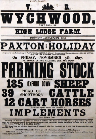 Framed Antique 19th C. Farm Auction Poster, High Lodge Farm, Wychwood, Oxfordshire, England