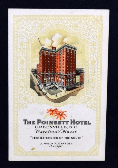 Framed Vintage Advertising Card for The Poinsett Hotel Greenville, SC