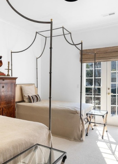 Venetian Canopy Full Bed with Cream Leather Panel & Polished Brass Beehive Finials