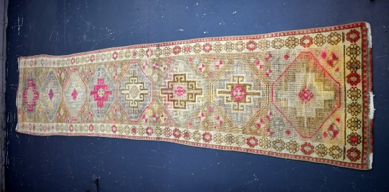 Vintage Turkish Oushak Handknotted Wool 2' 4” x 11' 1” Runner, Sage & Rose