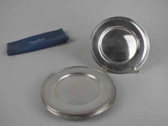 Six Alvin Manuf. Co. Sterling Silver 6” Diameter Plates, Rhode Island, with Silver Storage Clloth