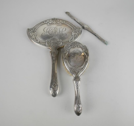 Antique Art Nouveau Sterling Silver Hand Mirror, Hair Brush, & Comb Mount, Monogrammed