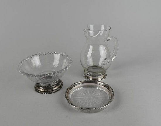Three Sterling Silver Mounted Elegant Glass Serving Pieces: Wallace, Whiting, & Other