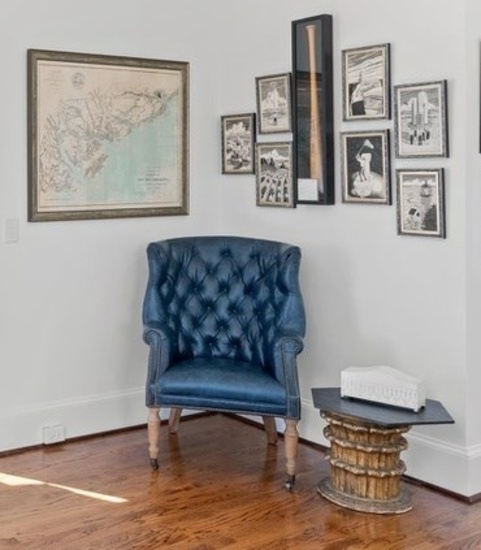 Contemporary Tufted Blue Leather Wing Chair with Brass Nailhead Trim and Caster Feet