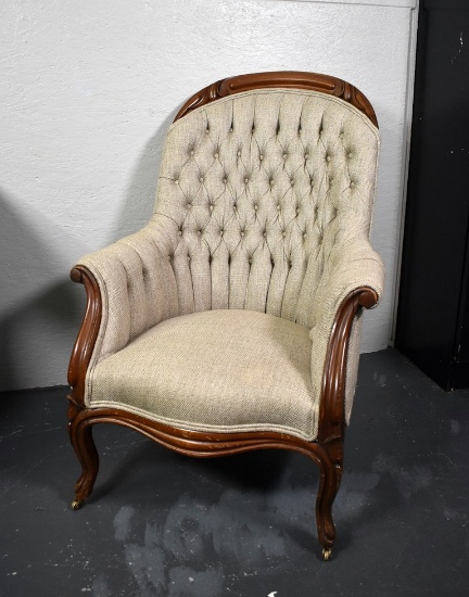 Mid 19th Century Victorian Carved Mahogany Tufted Parlor Chair, Recent Neutral Woven Upholstery