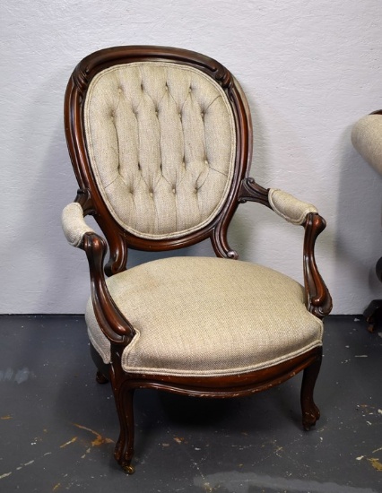 Mid 19th Century Victorian Carved Rosewood Tufted Balloon Back Chair, Recent Neutral Woven Upholster