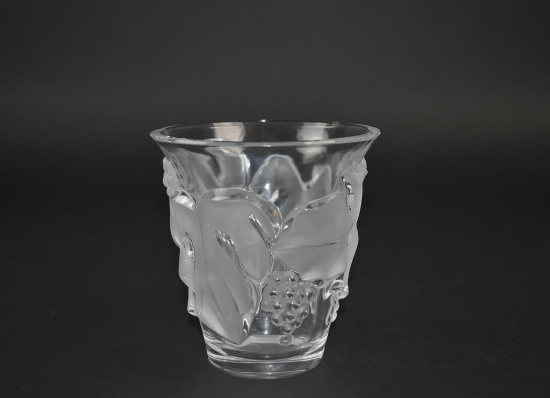 Lalique France “Saumur” Clear, Frosted Grape & Leaf 5” Glass Vase, Signed