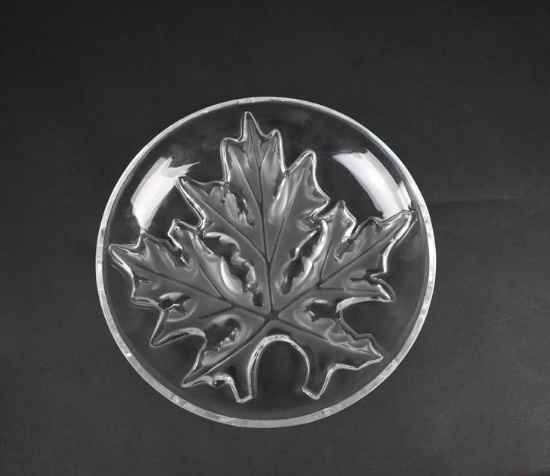 Lalique France “Montreal” Maple Leaf Motif 9.5” Round Glass Tray, Signed