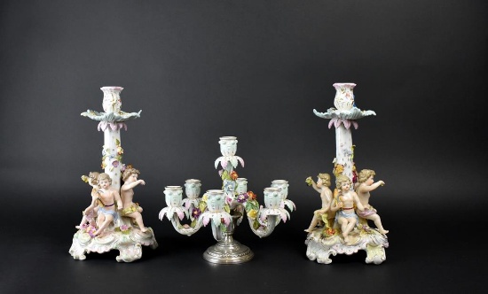 Ornate Antique Meissen Candlesticks with Sterling Silver Base Candelabra Center Piece