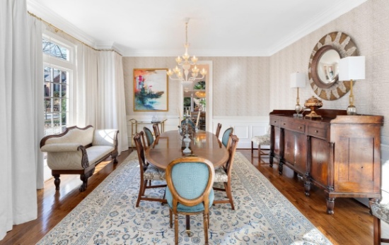 Oval Banded Mahogany Federal Style Dining Table with Two Leaves by Hickory Chair Co.