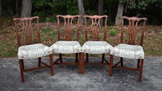 Set of 4 Mahogany Chinese Chippendale Style Dining Side Chairs, Neutral Tapestry Pattern Upholstey