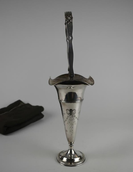 C. A. Vanderbilt Weighted Sterling Silver Chased Trumpet Vase with Handle, New York, Storage Cloth