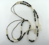 Vintage Zuni Sterling Silver, Turquoise and White Coral Bead 23” Double Strand Necklace
