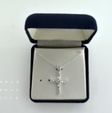 Vintage Sterling Silver & Rhinestone Cross Pendant on 16” Sterling Silver Necklace with Gift Box,