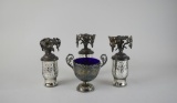 Lot of Three Mercury Glass Silver Floral Top Urns & Silver Plated Cobalt Glass Lined Candy Dish