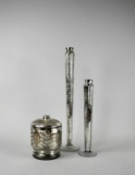 Three Contemporary Mercury Glass Style Candle Sticks & Lidded Jar