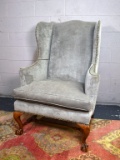 Fine Chippendale Inspired Neutral Gray Wing Chair, Ball & Claw Feet, Brass Nailhead Trim