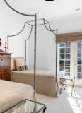 Venetian Canopy Full Bed with Cream Leather Panel & Polished Brass Beehive Finials