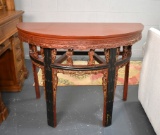 Antique 19th Century Chinese Oxblood and Gilt Demilune Pier Table, Bambooesque Legs, Carved Figures