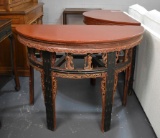 Antique 19th Century Chinese Oxblood and Gilt Demilune Pier Table, Bambooesque Legs, Carved Figures