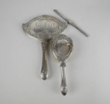 Antique Art Nouveau Sterling Silver Hand Mirror, Hair Brush, & Comb Mount, Monogrammed