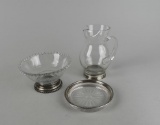 Three Sterling Silver Mounted Elegant Glass Serving Pieces: Wallace, Whiting, & Other