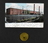 Framed Post Card & Mill Store Token of F.W. Poe Mfg Co. Cotton Mill, Greenville, SC