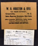Framed Antique (1912) Ephemera of W.H. Houston & Bro. Bookstore, Greenville, SC